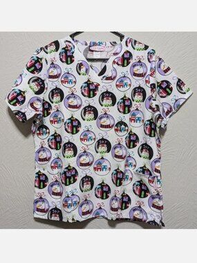 Scrub Works Medium Holiday Scrub Top V-Neck Christmas Ornaments w/ Snowmen